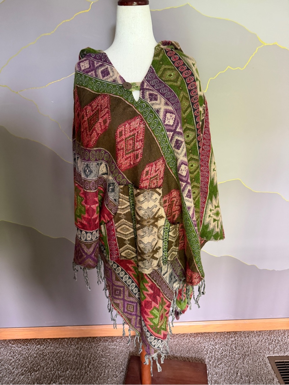 Multicolor Bohemian Hooded Shawl Poncho